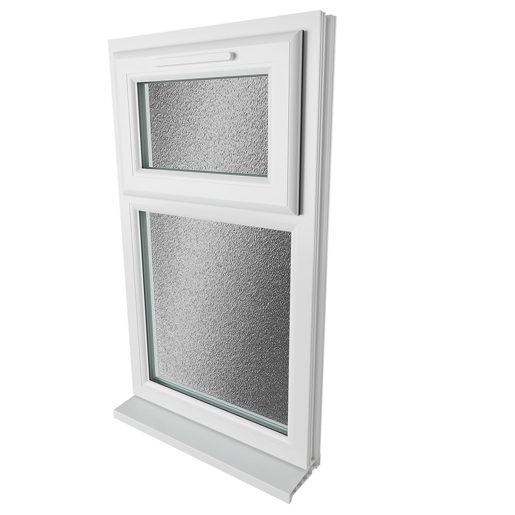 Crystal UPVC White Casement Window Top Hung Opener Over Fixed Light Obscure Glazing - JJ Building Materials