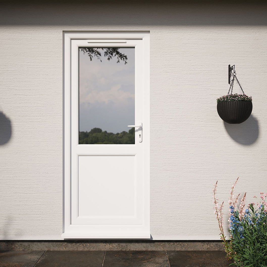 Crystal UPVC White Clear Glazing Single Door Half Panel Double Glazed Right Hand Open - JJ Building Materials