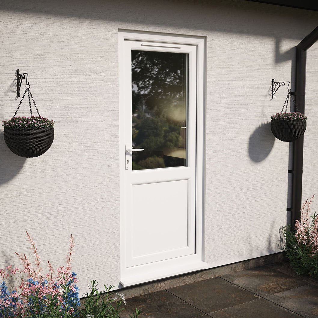 Crystal UPVC White Obscure Glazing Single Door Half Panel Double Glazed Right Hand Open - JJ Building Materials