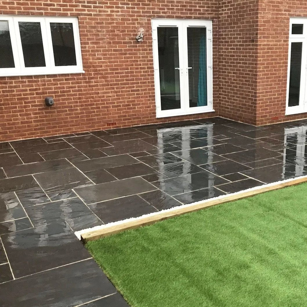 Elite Black Indian Limestone Paving Slabs - Sawn Edge - Patio Kit - 22mm - JJ Building Materials