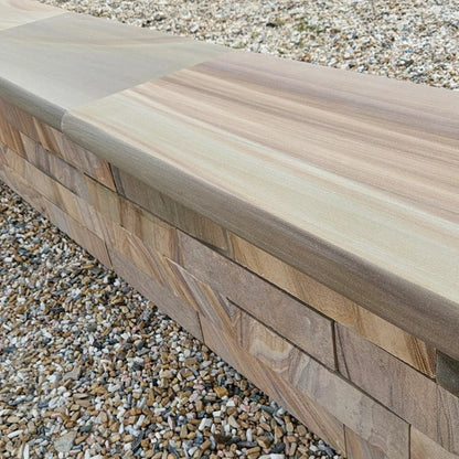 Elite Buff Indian Sandstone - Bullnose Coping Stones - Sawn & Honed - 600x300 - 40mm - JJ Building Materials