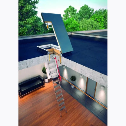 Fakro DRL + LML 600x1200mm Flat Roof Access Door and Metal Loft Ladder - JJ Building Materials