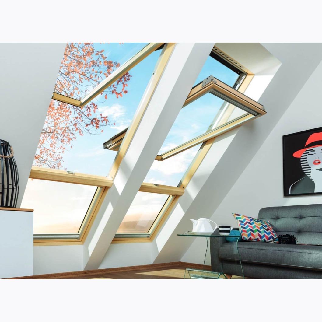 Fakro FPP-V Natural Pine PreSelect MAX Top Hung and Centre Pivot Double Glazed Roof Window - JJ Building Materials