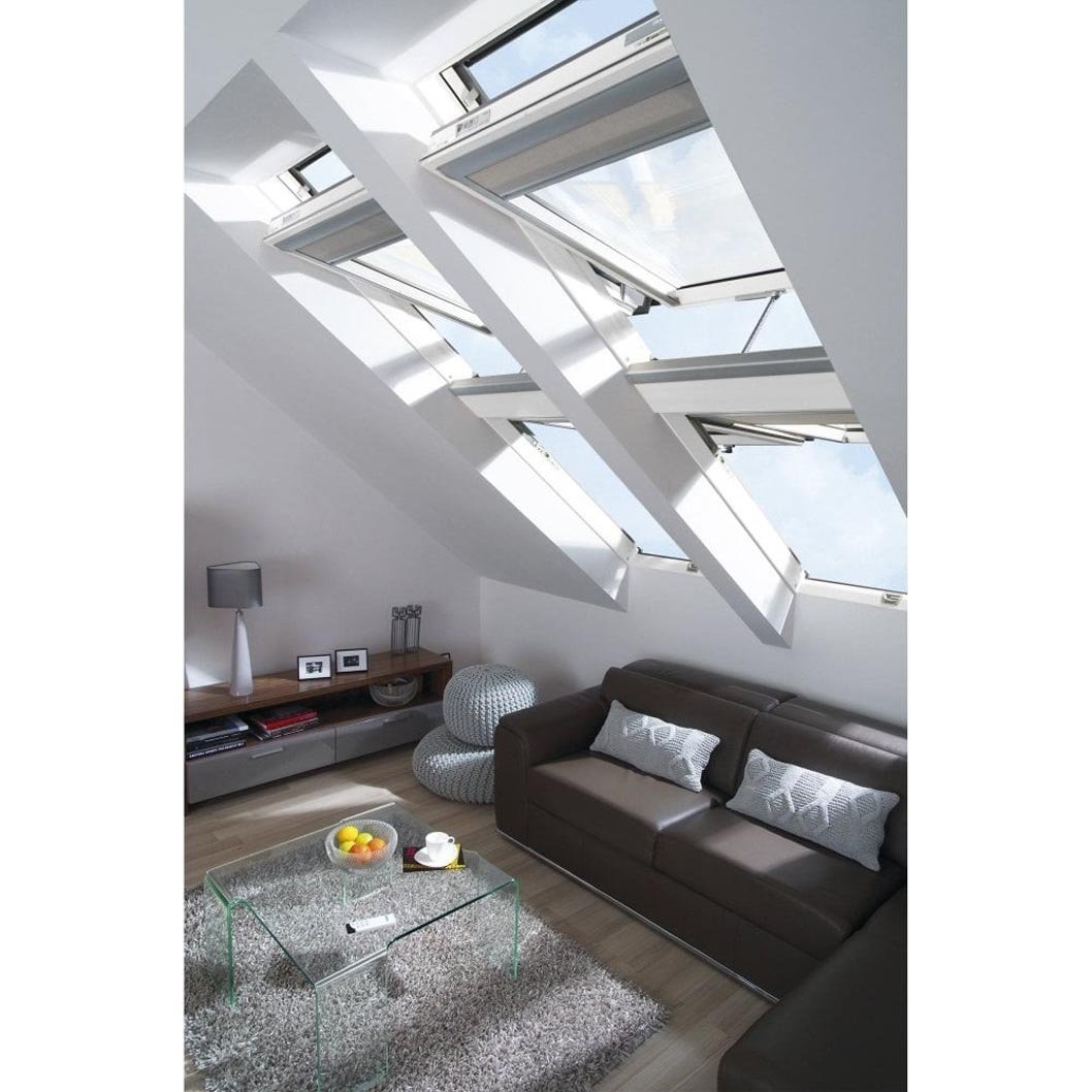 Fakro FTW-V P5 Z-Wave Electric Triple Glazed White Acrylic Centre Pivot Pitched Roof Window - JJ Building Materials
