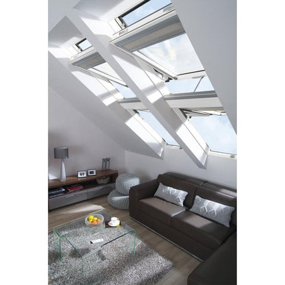 Fakro FTW-V P5 Z-Wave Electric Triple Glazed White Acrylic Centre Pivot Pitched Roof Window - JJ Building Materials