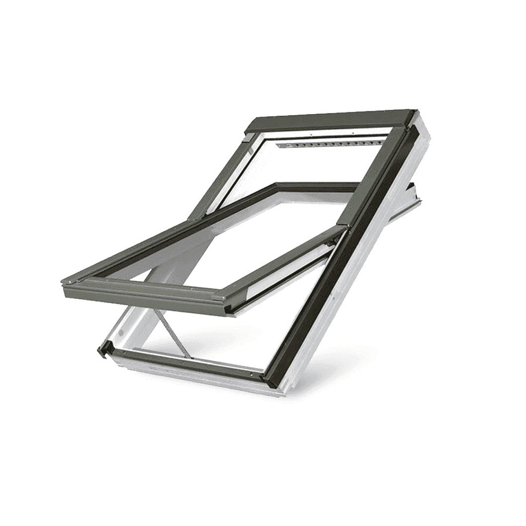 Fakro FTW-V P5 Z-Wave Electric Triple Glazed White Acrylic Centre Pivot Pitched Roof Window - JJ Building Materials