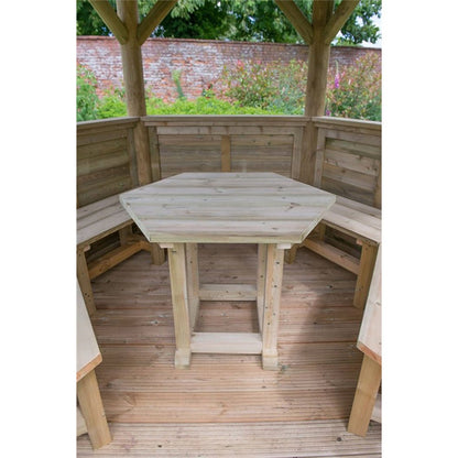 Forest 3.6m Hexagonal Wooden Garden Gazebo with Cedar Roof - Furnished with Table, Benches and Cushions - JJ Building Materials
