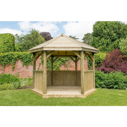 Forest 3.6m Hexagonal Wooden Garden Gazebo with Timber Roof - Furnished with Table, Benches and Cushions - JJ Building Materials