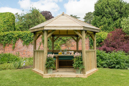 Forest 3.6m Hexagonal Wooden Garden Gazebo with Timber Roof - Furnished with Table, Benches and Cushions - JJ Building Materials