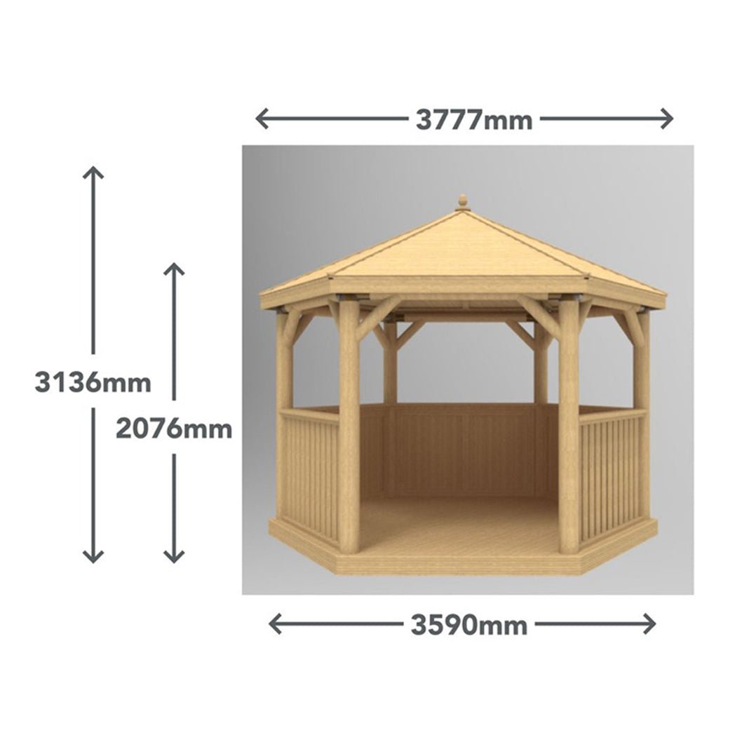 Forest 3.6m Hexagonal Wooden Garden Gazebo with Timber Roof - Furnished with Table, Benches and Cushions - JJ Building Materials
