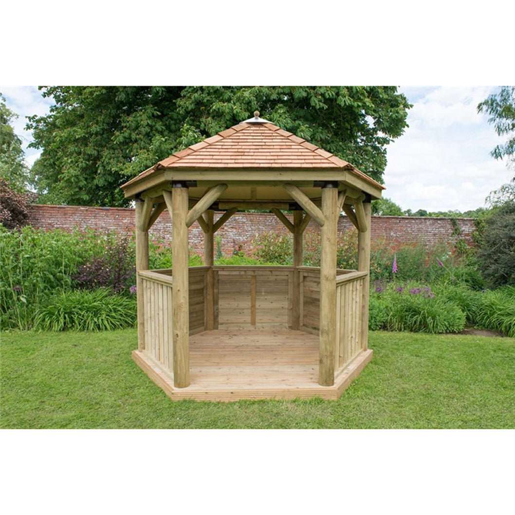 Forest 3m Hexagonal Wooden Garden Gazebo with Cedar Roof - Furnished with Table, Benches and Cushions - JJ Building Materials