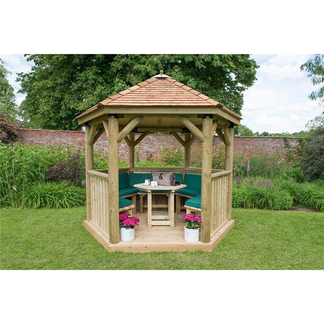 Forest 3m Hexagonal Wooden Garden Gazebo with Cedar Roof - Furnished with Table, Benches and Cushions - JJ Building Materials