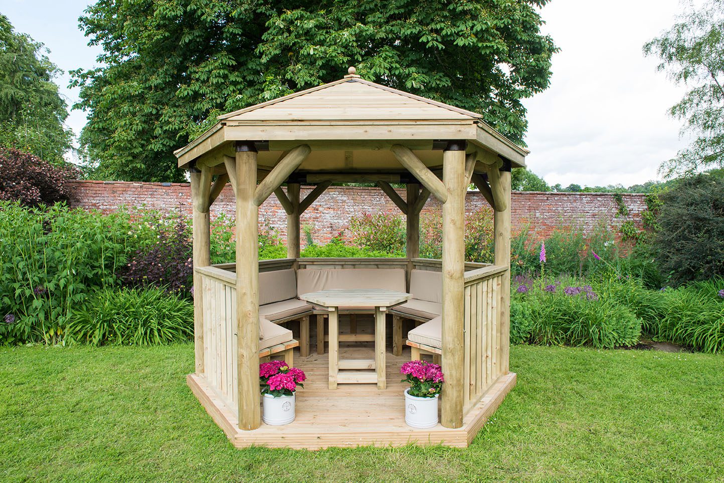 Forest 3m Hexagonal Wooden Garden Gazebo with Timber Roof - Furnished with Table, Benches and Cushions - JJ Building Materials