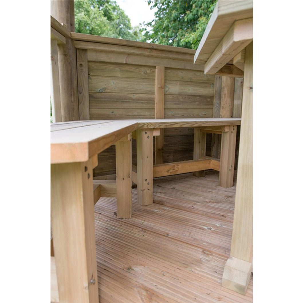 Forest 3m Hexagonal Wooden Garden Gazebo with Timber Roof - Furnished with Table, Benches and Cushions - JJ Building Materials