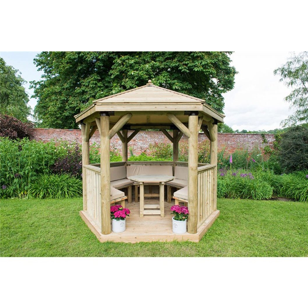 Forest 3m Hexagonal Wooden Garden Gazebo with Timber Roof - Furnished with Table, Benches and Cushions - JJ Building Materials