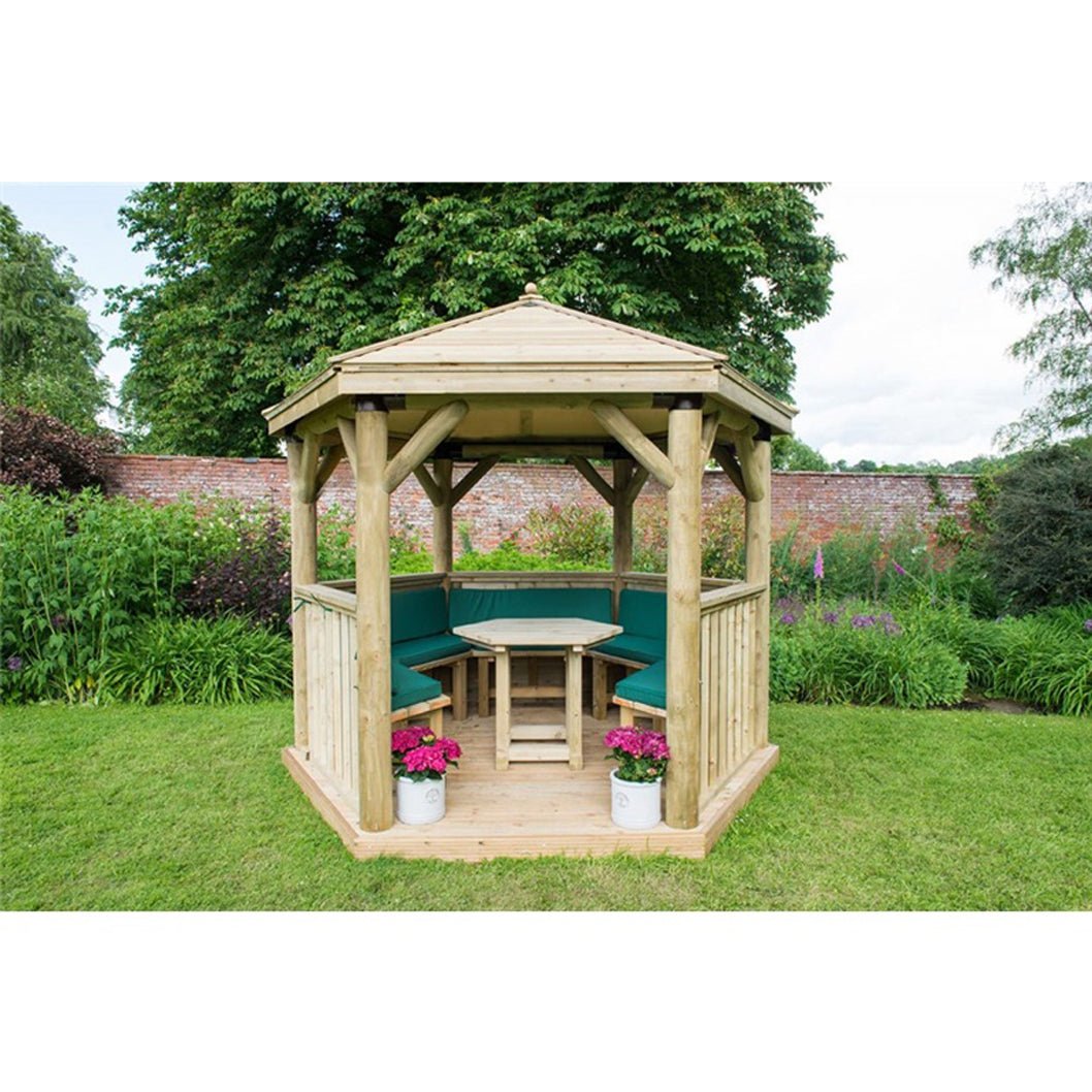 Forest 3m Hexagonal Wooden Garden Gazebo with Timber Roof - Furnished with Table, Benches and Cushions - JJ Building Materials