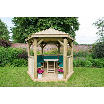 Forest 3m Hexagonal Wooden Garden Gazebo with Timber Roof - Furnished with Table, Benches and Cushions - JJ Building Materials
