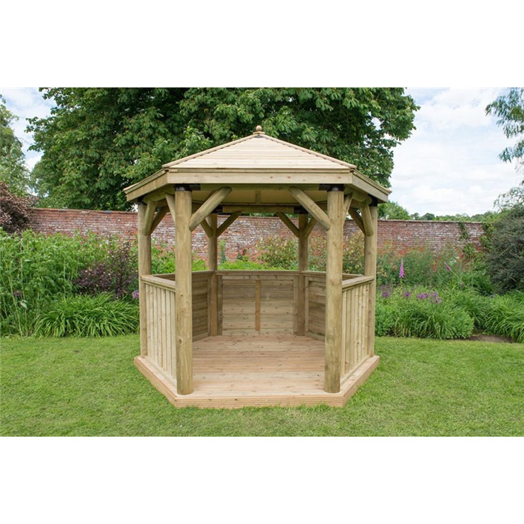 Forest 3m Hexagonal Wooden Garden Gazebo with Timber Roof - Furnished with Table, Benches and Cushions - JJ Building Materials