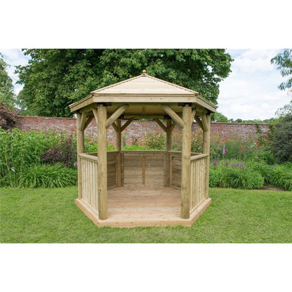 Forest 3m Hexagonal Wooden Garden Gazebo with Timber Roof - Furnished with Table, Benches and Cushions - JJ Building Materials