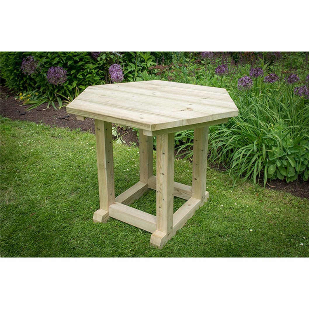 Forest 3m Hexagonal Wooden Garden Gazebo with Timber Roof - Furnished with Table, Benches and Cushions - JJ Building Materials