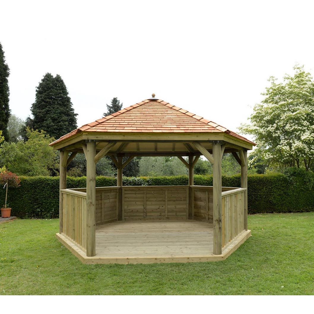 Forest 4.7m Hexagonal Wooden Garden Gazebo with Cedar Roof - JJ Building Materials