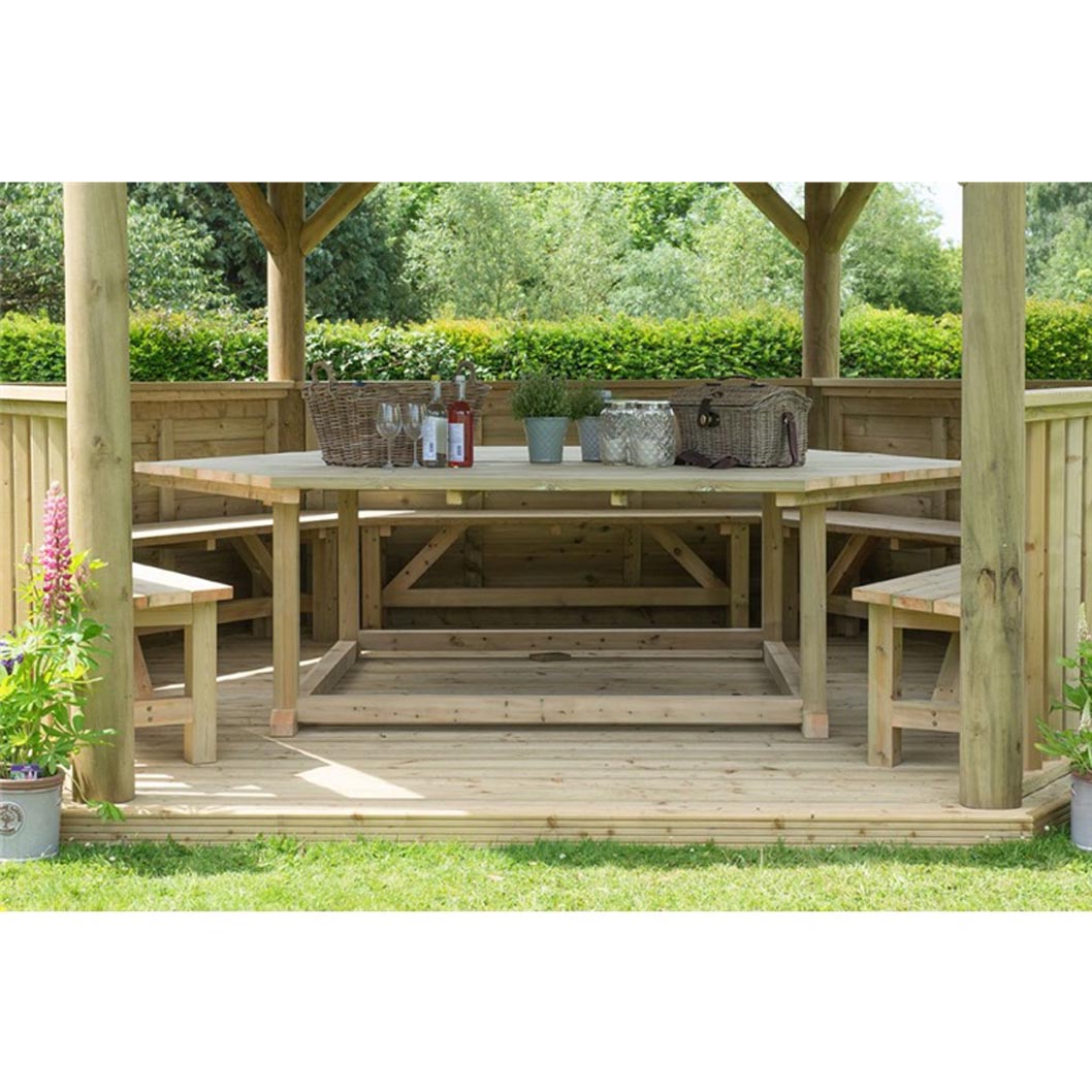 Forest 4.7m Hexagonal Wooden Garden Gazebo with Cedar Roof - Furnished with Table, Benches and Cushions - JJ Building Materials