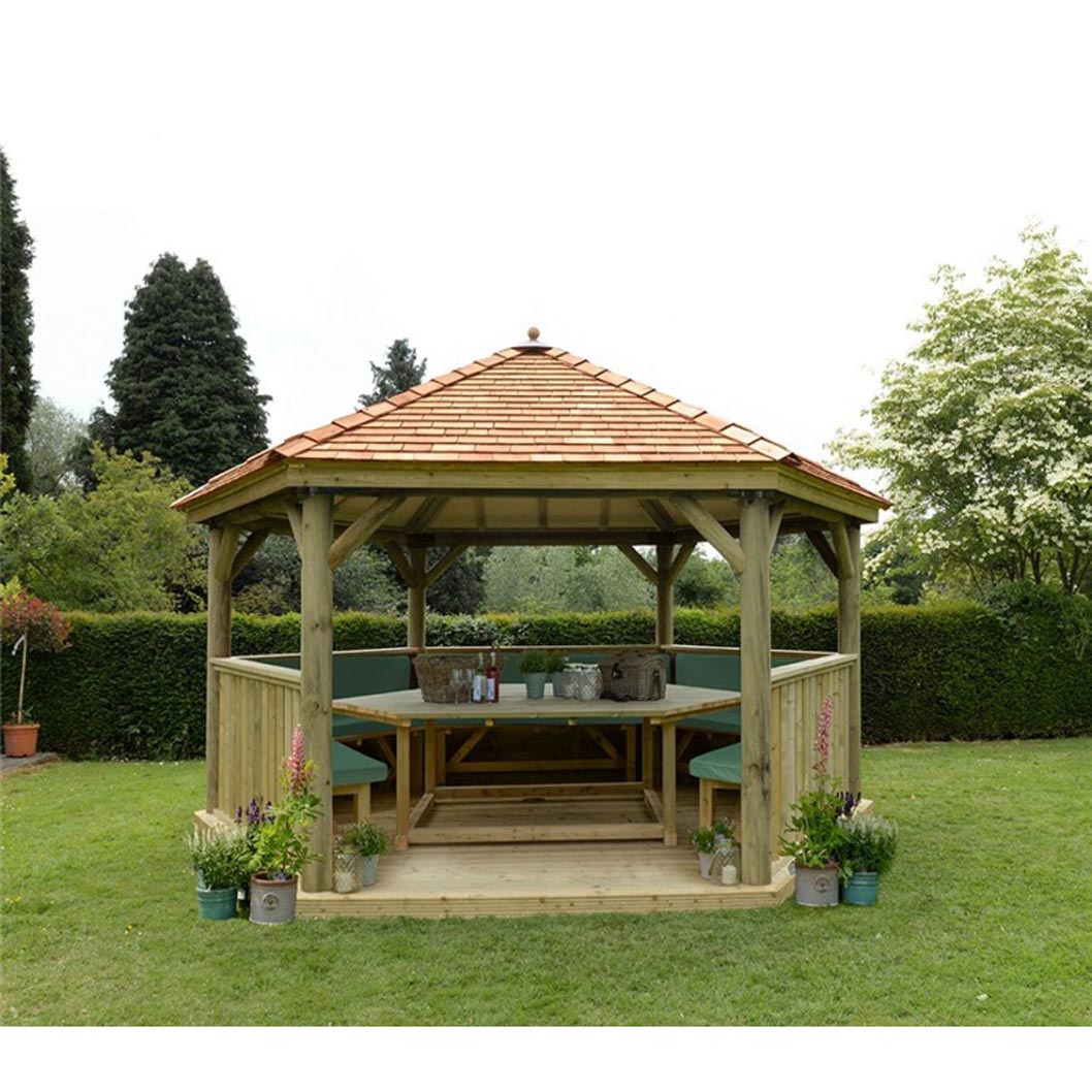 Forest 4.7m Hexagonal Wooden Garden Gazebo with Cedar Roof - Furnished with Table, Benches and Cushions - JJ Building Materials