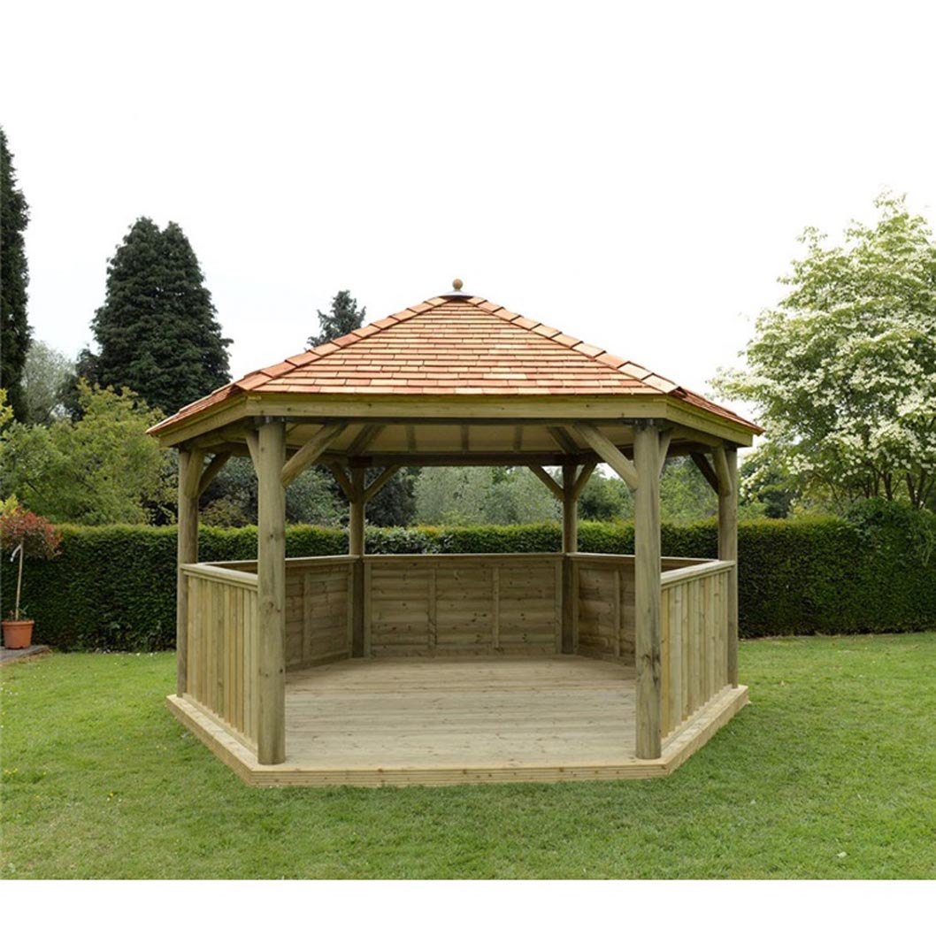 Forest 4.7m Hexagonal Wooden Garden Gazebo with Cedar Roof - Furnished with Table, Benches and Cushions - JJ Building Materials