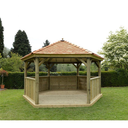 Forest 4.7m Hexagonal Wooden Garden Gazebo with Cedar Roof - Furnished with Table, Benches and Cushions - JJ Building Materials