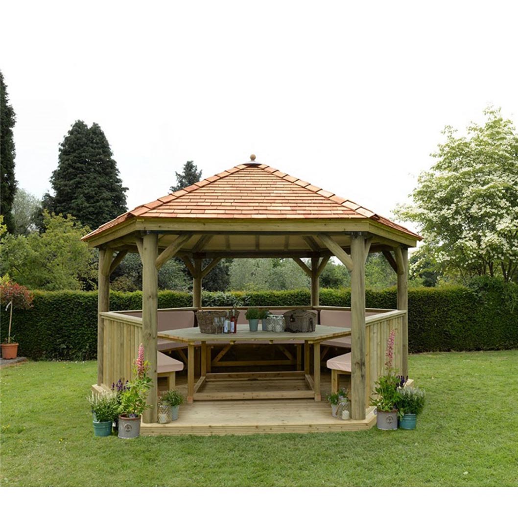 Forest 4.7m Hexagonal Wooden Garden Gazebo with Cedar Roof - Furnished with Table, Benches and Cushions - JJ Building Materials