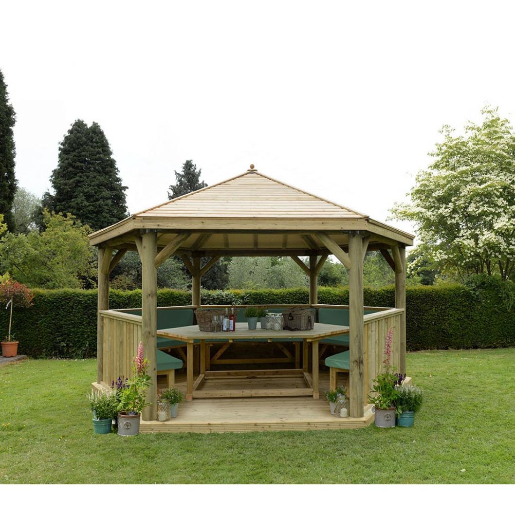 Forest 4.7m Hexagonal Wooden Garden Gazebo with Timber Roof - Furnished with Table, Benches and Cushions - JJ Building Materials