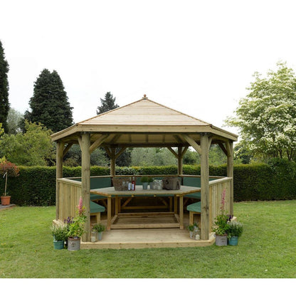 Forest 4.7m Hexagonal Wooden Garden Gazebo with Timber Roof - Furnished with Table, Benches and Cushions - JJ Building Materials