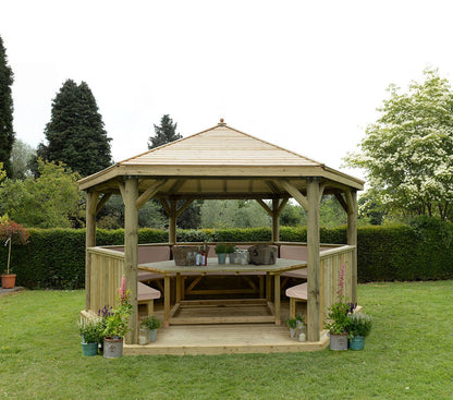 Forest 4.7m Hexagonal Wooden Garden Gazebo with Timber Roof - Furnished with Table, Benches and Cushions - JJ Building Materials