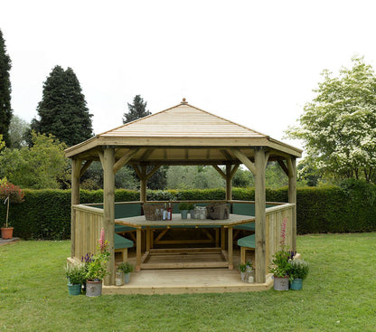 Forest 4.7m Hexagonal Wooden Garden Gazebo with Timber Roof - Furnished with Table, Benches and Cushions - JJ Building Materials