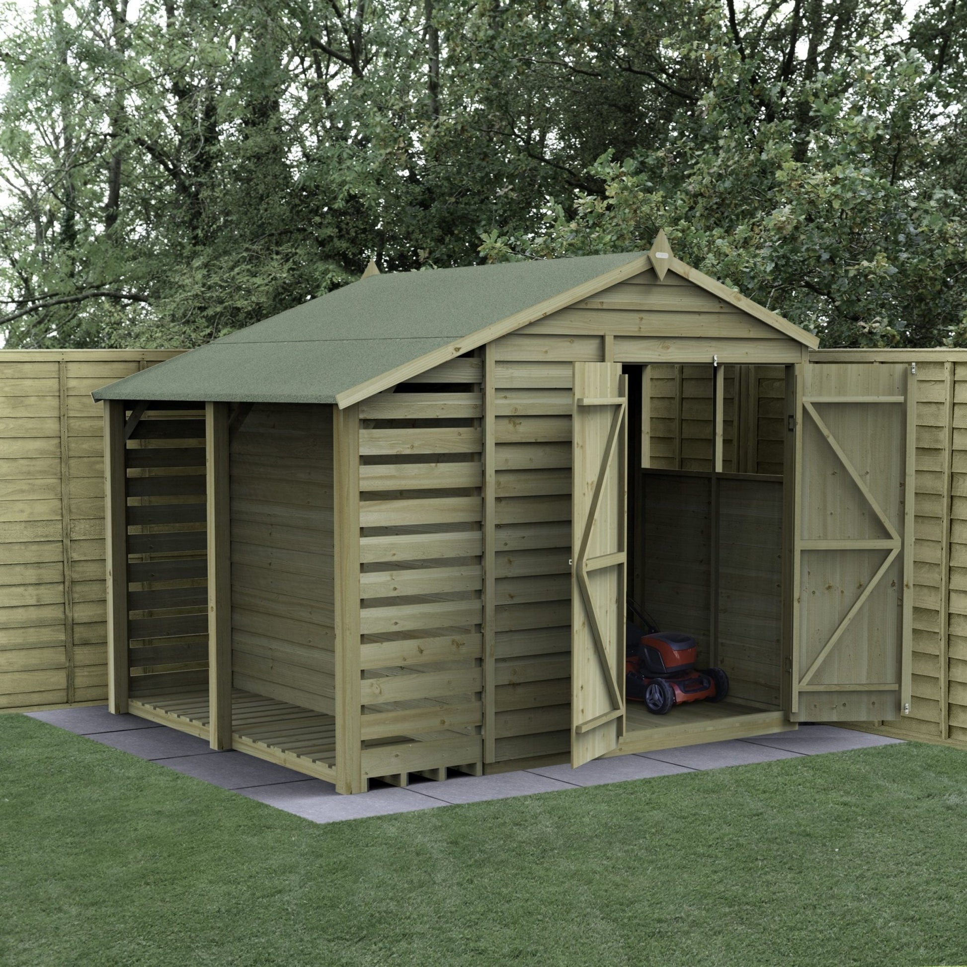Forest 4LIFE Apex Shed 6x8 - Double Door - 2 Windows - With Lean-To - JJ Building Materials