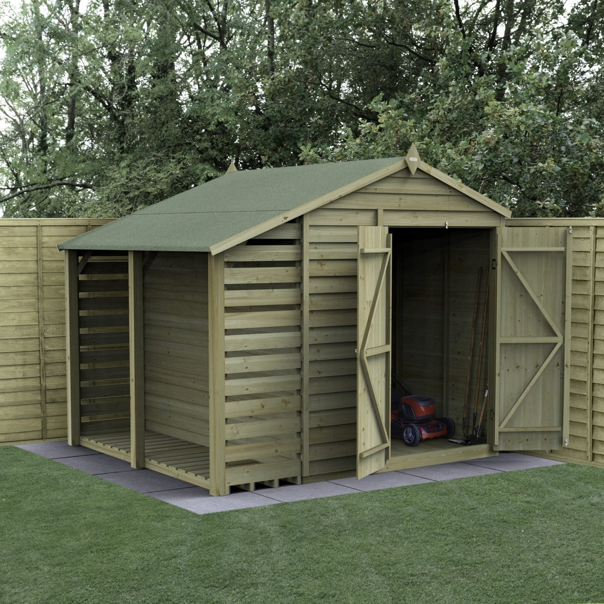 Forest 4LIFE Apex Shed 6x8 - Double Door - No Windows - With Lean-To - JJ Building Materials