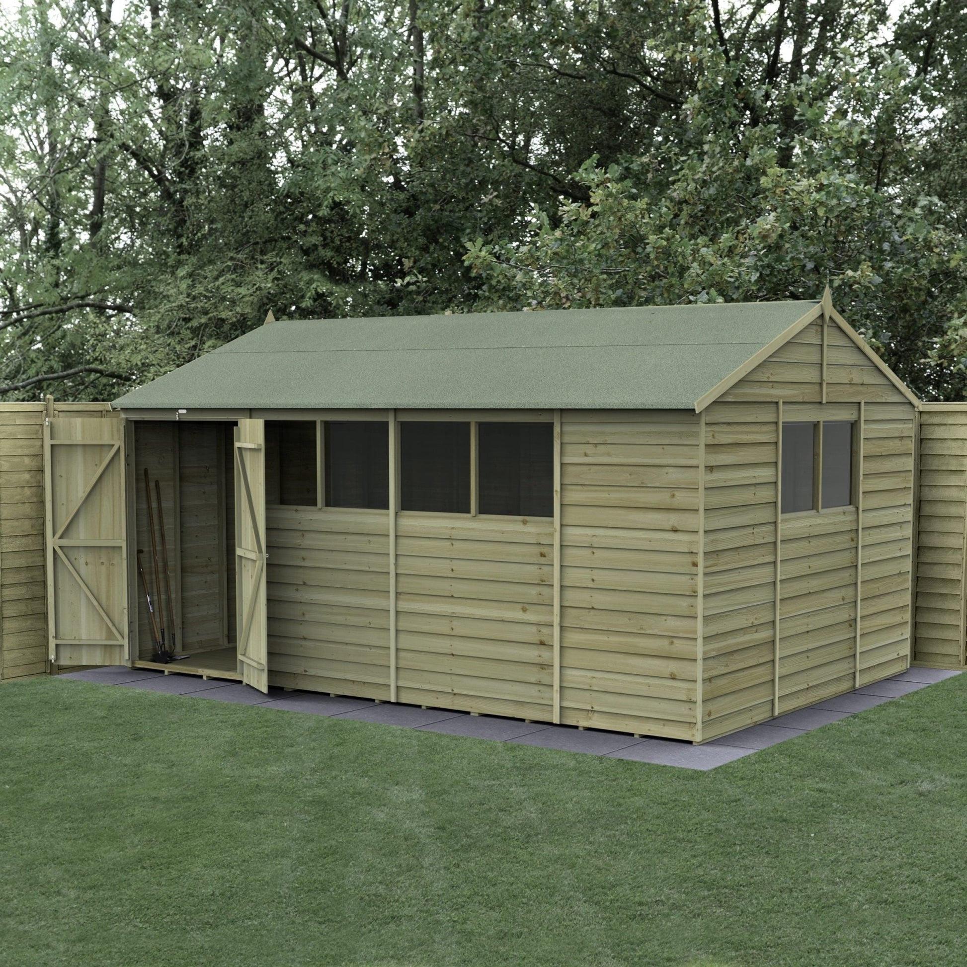 Forest 4LIFE Reverse Apex Shed 15x10 - Double Door - 6 Windows - JJ Building Materials