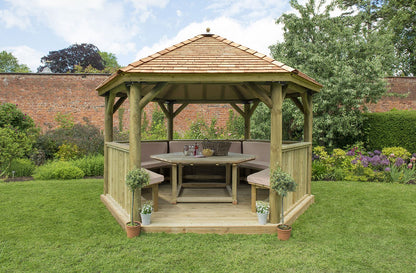 Forest 4m Hexagonal Wooden Garden Gazebo with Cedar Roof - Furnished with Table, Benches and Cushions - JJ Building Materials