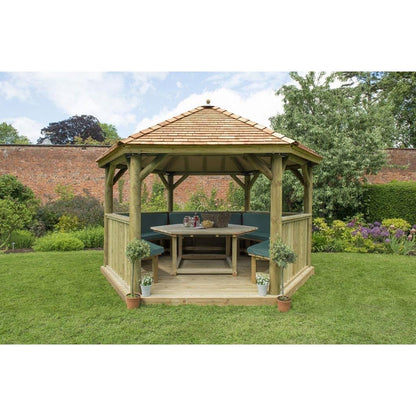 Forest 4m Hexagonal Wooden Garden Gazebo with Cedar Roof - Furnished with Table, Benches and Cushions - JJ Building Materials
