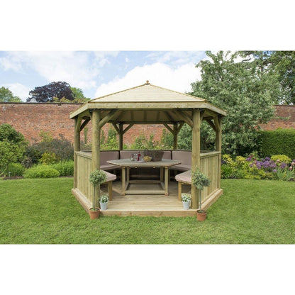Forest 4m Hexagonal Wooden Garden Gazebo with Timber Roof - Furnished with Table, Benches and Cushions - JJ Building Materials