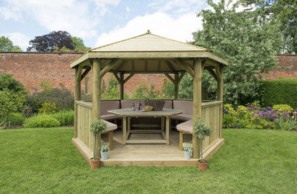 Forest 4m Hexagonal Wooden Garden Gazebo with Timber Roof - Furnished with Table, Benches and Cushions - JJ Building Materials
