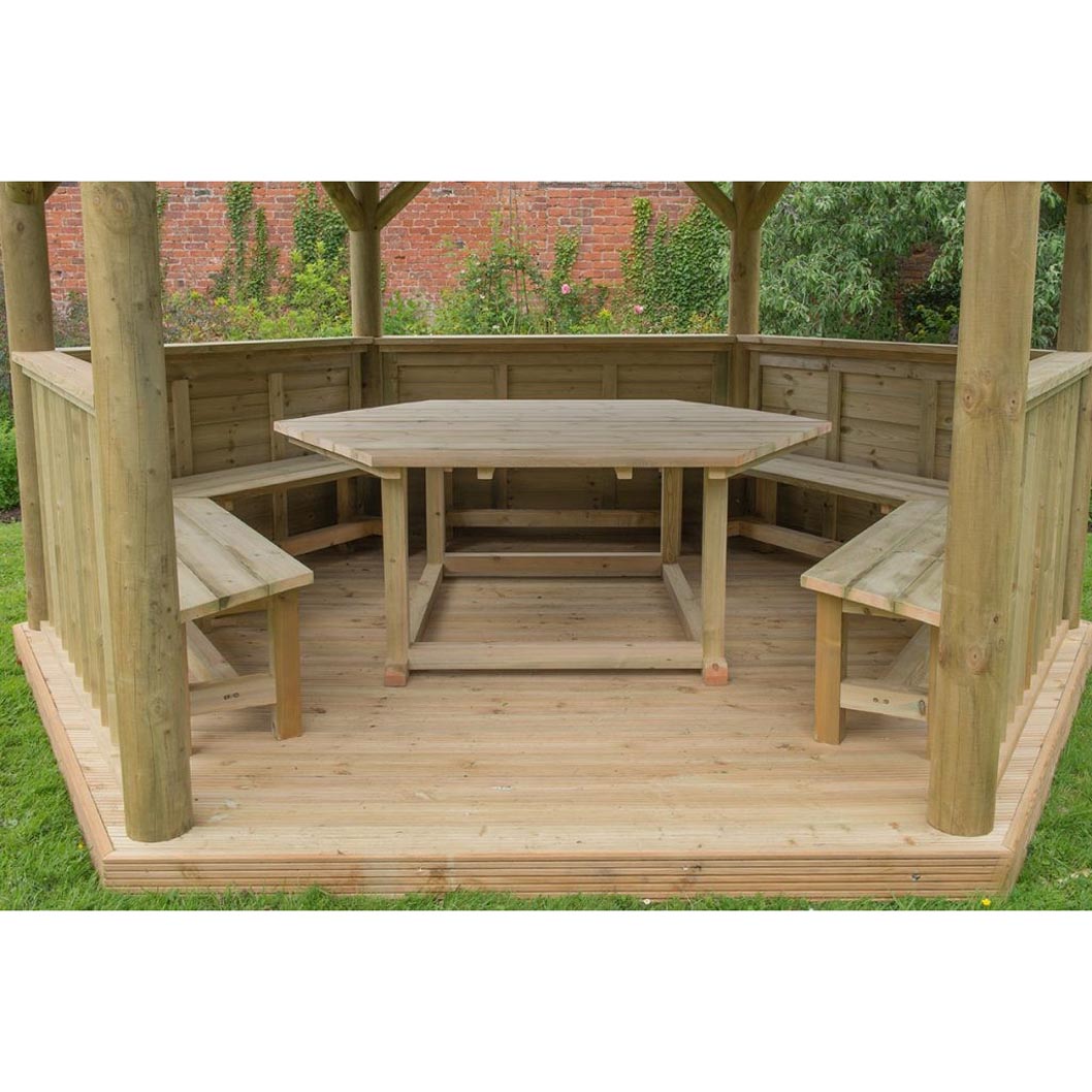 Forest 4m Hexagonal Wooden Garden Gazebo with Timber Roof - Furnished with Table, Benches and Cushions - JJ Building Materials