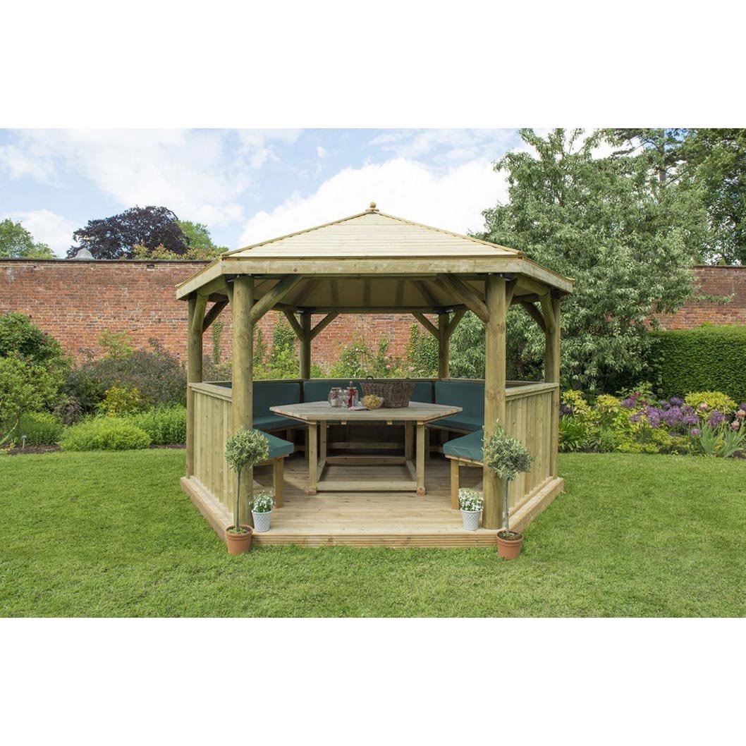Forest 4m Hexagonal Wooden Garden Gazebo with Timber Roof - Furnished with Table, Benches and Cushions - JJ Building Materials