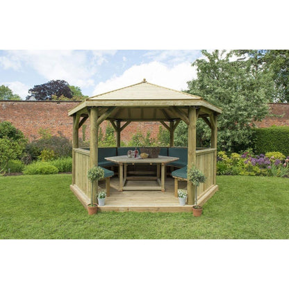 Forest 4m Hexagonal Wooden Garden Gazebo with Timber Roof - Furnished with Table, Benches and Cushions - JJ Building Materials