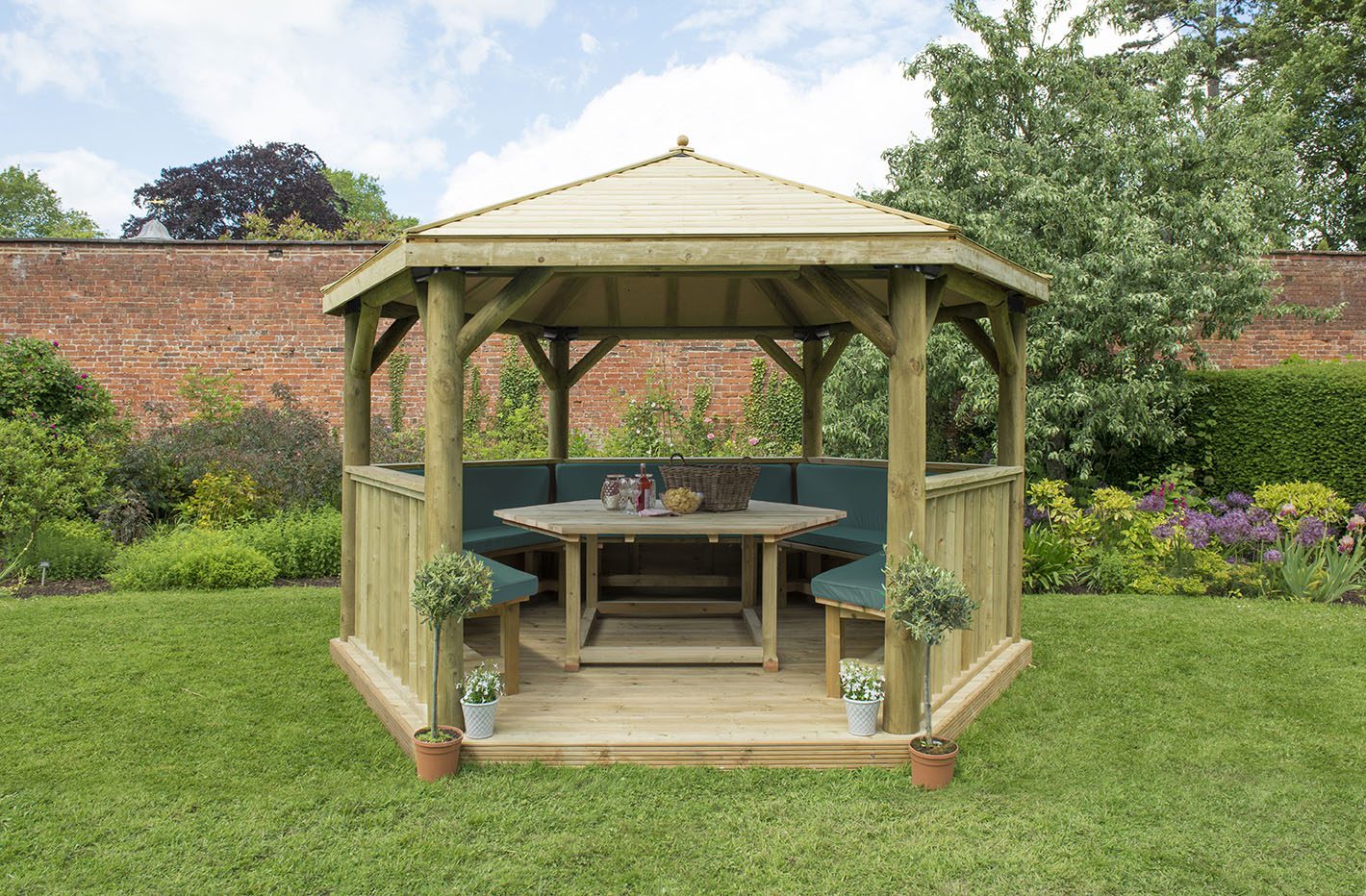 Forest 4m Hexagonal Wooden Garden Gazebo with Timber Roof - Furnished with Table, Benches and Cushions - JJ Building Materials