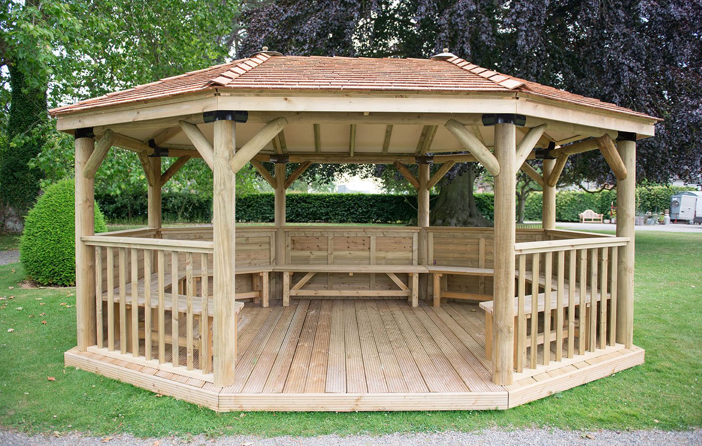 Forest 5.1m Premium Oval Wooden Gazebo with Cedar Roof and Benches - JJ Building Materials