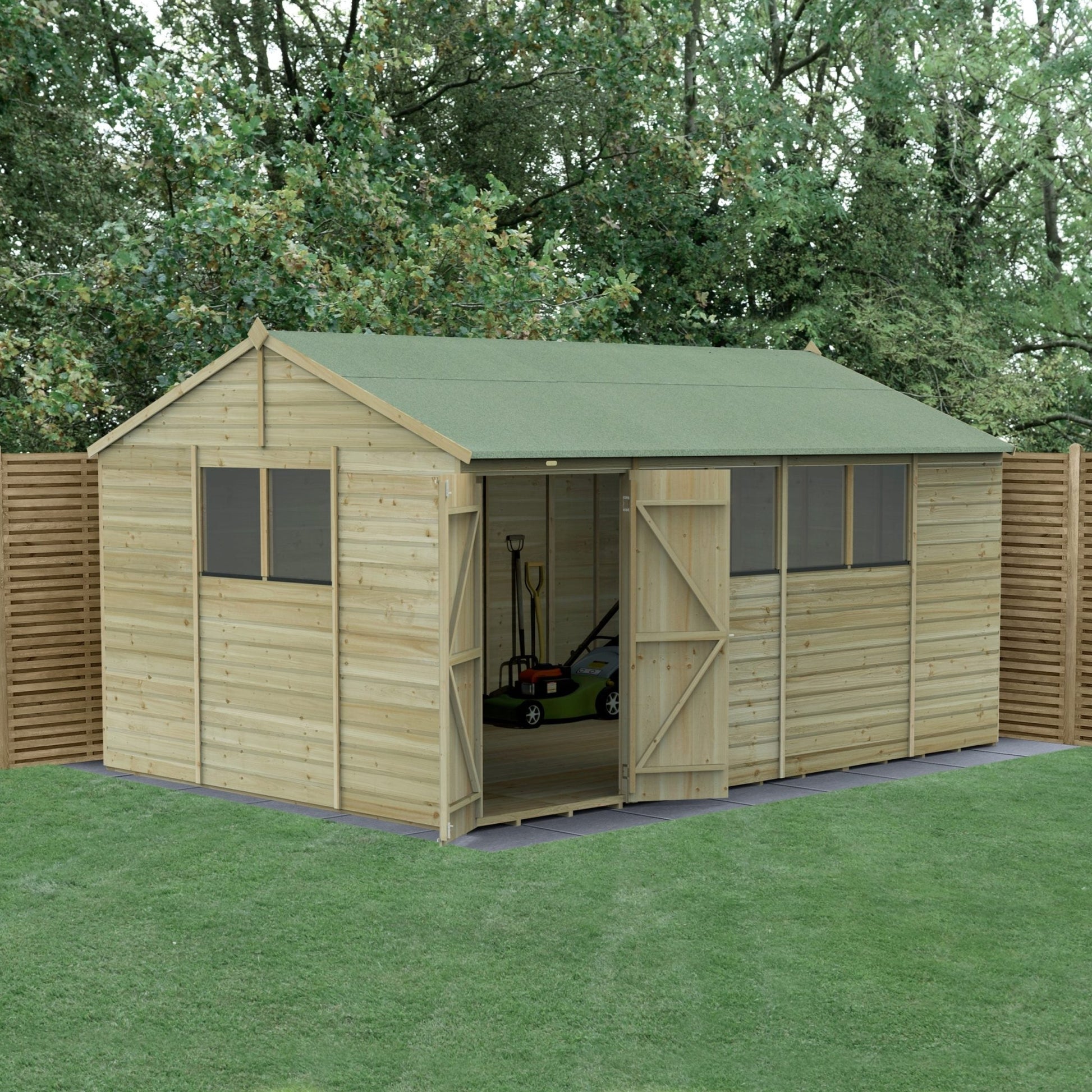 Forest Beckwood 15x10 Reverse Apex Shed - 6 Windows - Double Door - JJ Building Materials