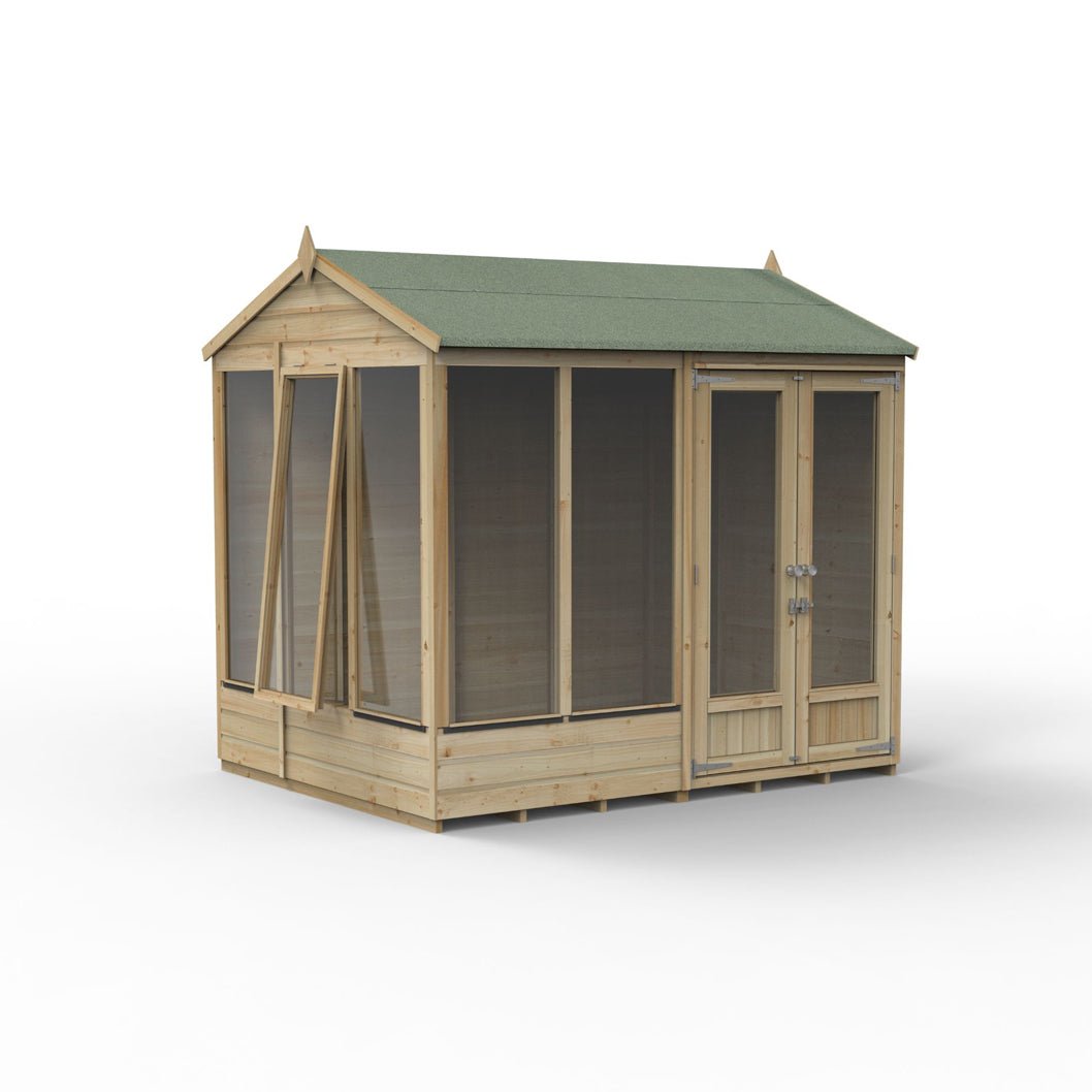 Forest Beckwood Reverse Apex Summerhouse 8x6 - Double Door - 5 Windows - 1 Opening - JJ Building Materials
