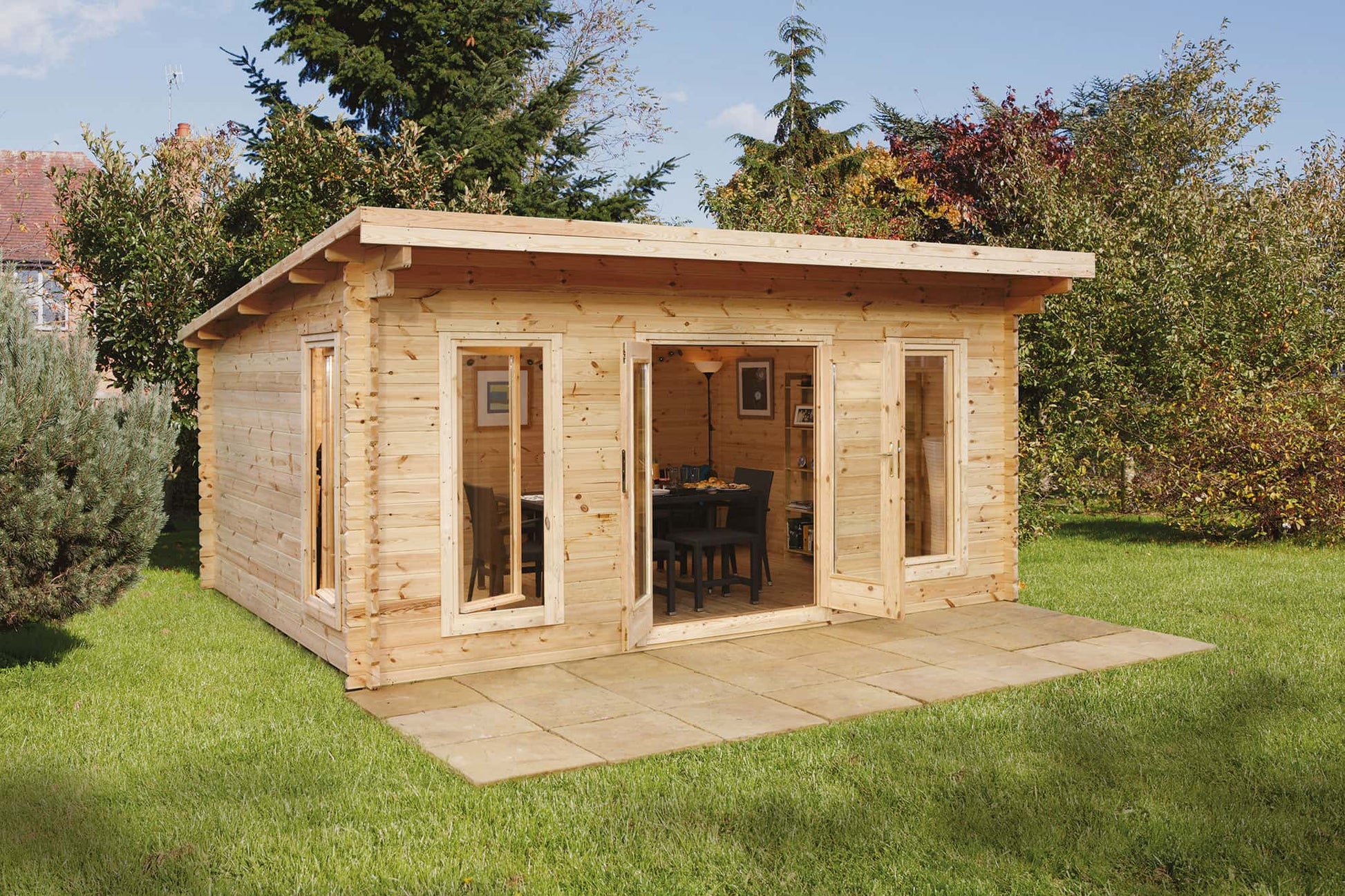 Forest Mendip 5.0m x 4.0m Log Cabin - Pent Roof, Double Glazed, with Polyester Felt - JJ Building Materials