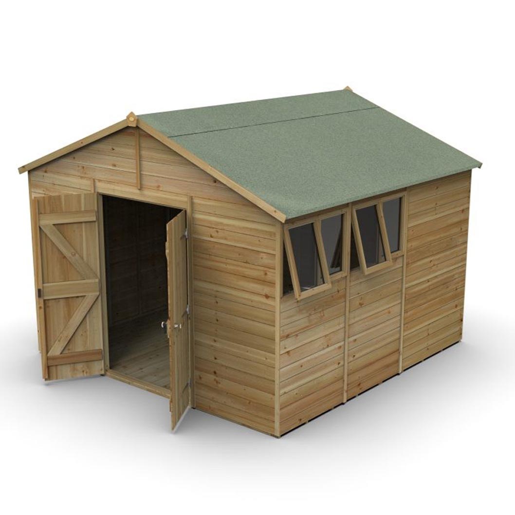Forest Timberdale 10x10 Apex Shed - Double Door - 4 Windows - 2 Opening - JJ Building Materials